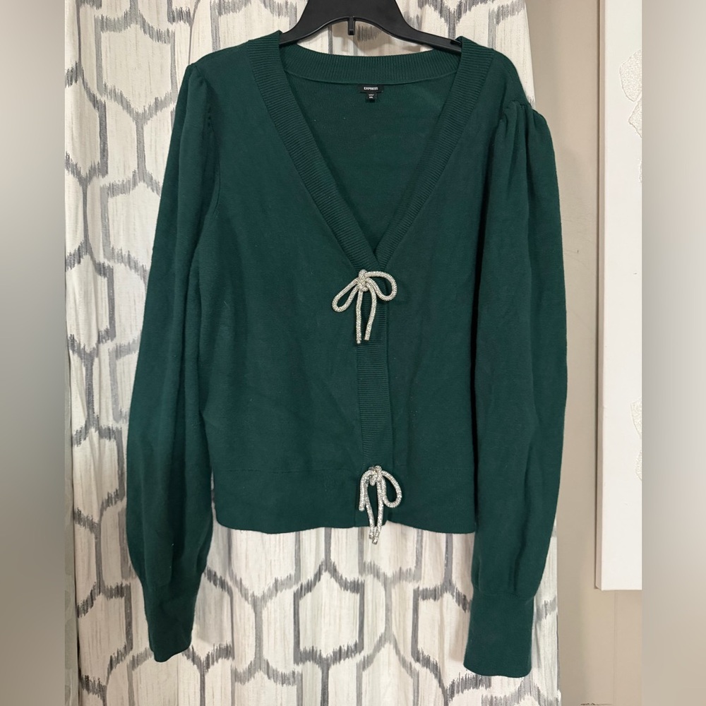 Express Forest Green V-Neck Sweater with Tie Details